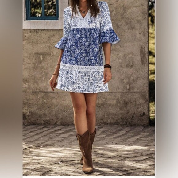 Blue Boho Floral Print Lace Dress - Picture 2 of 6